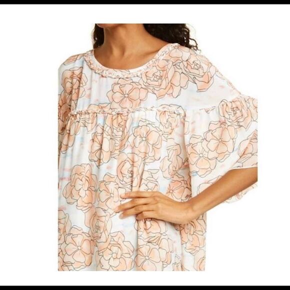 DYVNA Orange/White Floral Silk Bell Sleeve Braided Trim Shift Dress - Picture 3 of 12